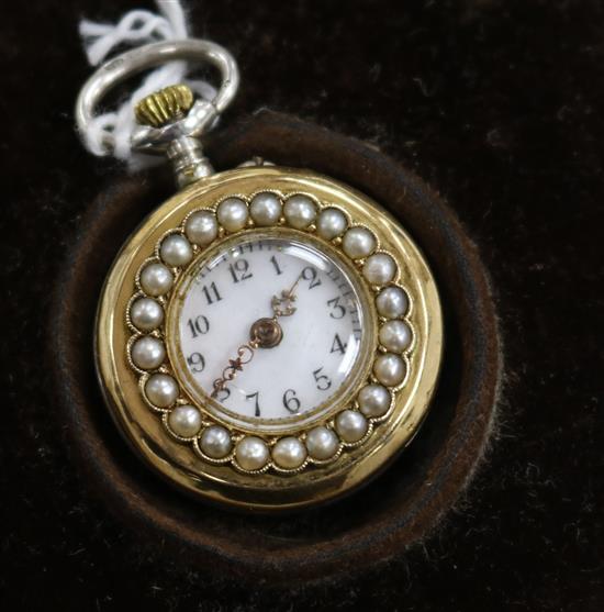 An early 20th century silver, yellow metal and enamel fob watch with split pearl set bezel,